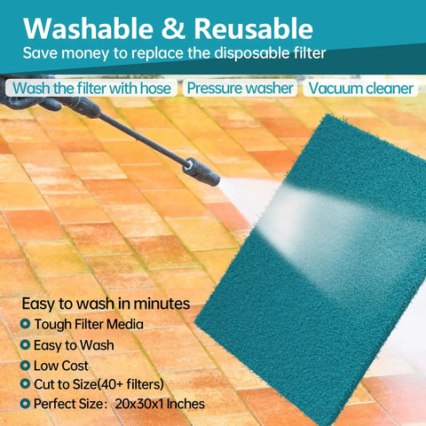 Reusable Air Filter 20x30 Inch High Flow Cut To Fit Furnace HVAC MERV 6 Replacement being washed with a hose