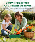 Mother and daughter gardening in outdoor garden with seed starter tray next to a basket of flowers.