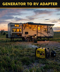 Campground Certified 30 Amp Generator Adapter Nema L5-30P Locking Male To Tt-30R Female RV Power Converter For Travel Trailers Dry Camping Boondocking 125Volt 3750W Yellow with RV and generator in background.