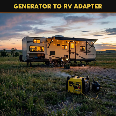 Campground Certified 30 Amp Generator Adapter Nema L5-30P Locking Male To Tt-30R Female RV Power Converter For Travel Trailers Dry Camping Boondocking 125Volt 3750W Yellow with RV and generator in background.