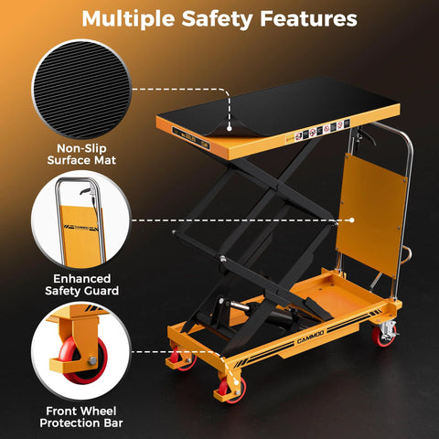 CAMMOO hydraulic lift table cart, yellow, 330 lb capacity with non-slip mat and safety guard