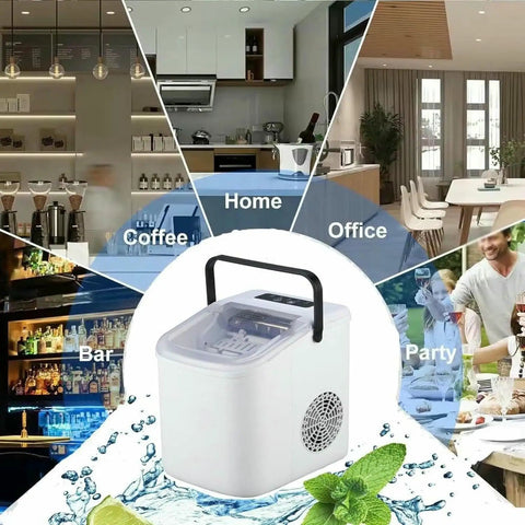 No Fuss Countertop Ice Maker Drops Nine Chill Cubes In Seven Flat Minutes With A Solid Twenty Two Pound Daily Yield Self Cleaning feature shown in various settings.