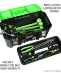 Open Dual Tool Box Set With 19 Inch And 12.5 Inch Plastic Portable Boxes, showing green tools inside and lockable metal latches