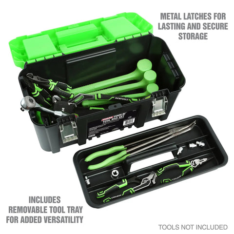 Open Dual Tool Box Set With 19 Inch And 12.5 Inch Plastic Portable Boxes, showing green tools inside and lockable metal latches