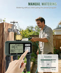 4 Zone Brass Sprinkler Timer With Rain Delay And Manual Mode displayed with a man watering garden, featuring control interface.