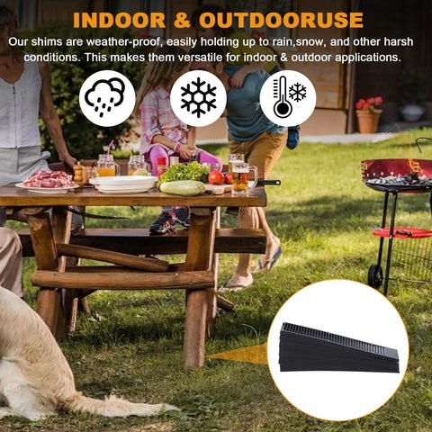 Bulletproof Black Composite Shims For Leveling Heavy Duty Plastic Furniture Levelers And Table Wedges Built Tough used outdoors under a wooden patio table.