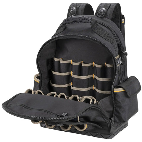 38 Pocket Molded Base Tool Backpack With Upright Stand Heavy Duty 1680D Ballistic Polyester Durable Pro Grade Tool Carrier For Tradesmen Black And Blue open showing pockets