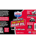 Label of 75W-140 Synthetic Gear Oil For Transmissions And Differentials with product details and benefits, 1 quart size.