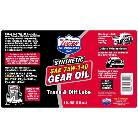 Label of 75W-140 Synthetic Gear Oil For Transmissions And Differentials with product details and benefits, 1 quart size.
