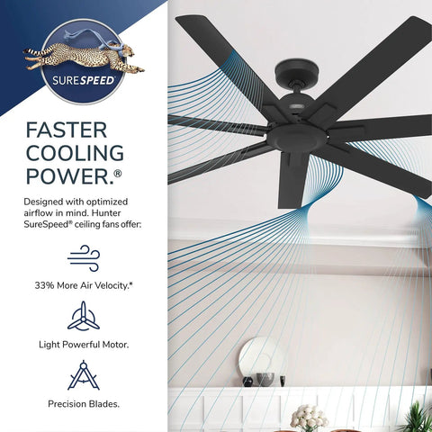 Image of 60 Inch Indoor Outdoor Ceiling Fan Without Light With Wall Control Matte Black For Patio Garage Or Porch Quiet Beastly Airflow With SureSpeed 7 Blades Standard Mount Downtown 51590, showcasing optimized airflow and faster cooling power.