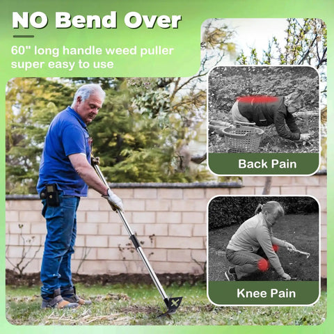 Man using 60 Inch Long Handle Weed Puller Tool With Adjustable Lengths From 17 To 60 Inches Heavy Duty 2-In-1 Manual Weed Rake And Garden Hoe