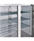 Interior of Industrial Reach In Refrigerator With 47 Cu Ft showing spacious wire shelves for organized storage of food.
