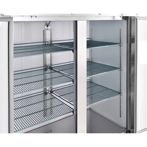 Interior of Industrial Reach In Refrigerator With 47 Cu Ft showing spacious wire shelves for organized storage of food.