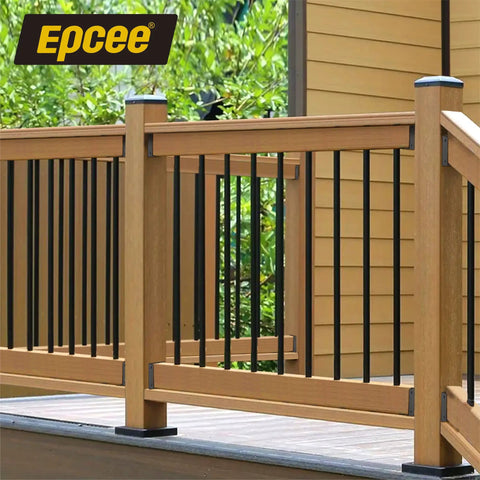 Wooden deck railing with black metal balusters and 20 Pack ADC-12 Aluminum Deck Railing Brackets For Connecting 1.5 By 3.5 Inch Wood Deck Posts.