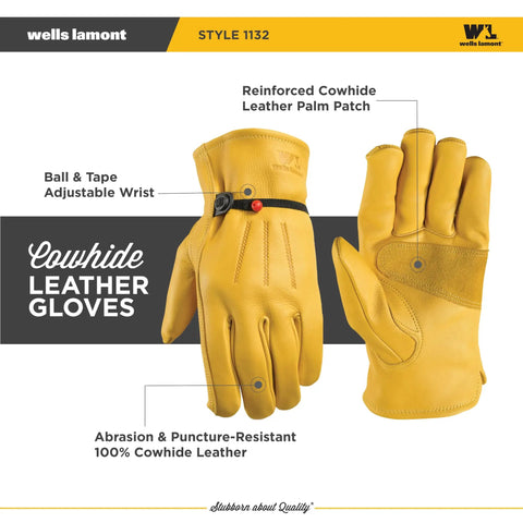 Heavy Duty Leather Work Gloves For Men, Cowhide, Abrasion And Puncture Resistant, Gunn Cut Design, Adjustable Wrist, Saddletan, XXL