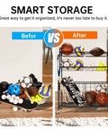 Heavy Duty Garage Sport Organizer With Steel Basketball Rack Baseball Bat Holder And Hooks Easy Assembly Storage For Balls Toys And Workout Gear In Basement Home Gym Or Outdoor Setup before and after organization comparison.