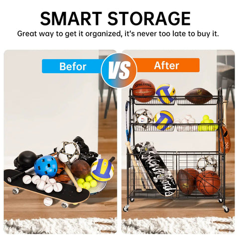 Heavy Duty Garage Sport Organizer With Steel Basketball Rack Baseball Bat Holder And Hooks Easy Assembly Storage For Balls Toys And Workout Gear In Basement Home Gym Or Outdoor Setup before and after organization comparison.