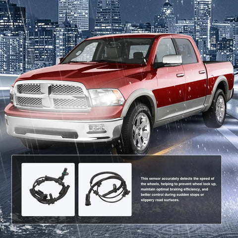 Heavy Duty 4 Piece Abs Wheel Speed Sensor Kit Fits 2013 Through 2018 Ram 1500 Front And Rear shown with truck in rain.