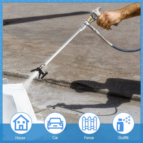 Person using Airless Paint Sprayer Tool Set With Three Extension Poles 30 cm, 50 cm, 75 cm, Reversible Tip Nozzles And Guard