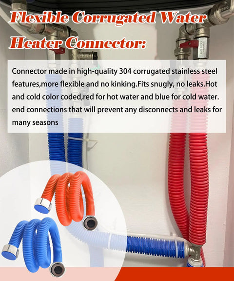 36 Inch Flexible Stainless Steel Corrugated Water Heater Connector With Three Quarter FIP Ends installed in plumbing setup