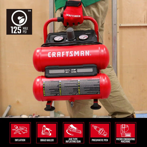 Craftsman 2 Gallon Twin Tank Air Compressor 1/3 Hp Oil Free 125 Psi Portable Unit For Tires Spray Painting Nailing Garage Workshop Diy Projects Smooth Ride And Reliable Power