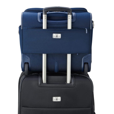 Lightweight Underseat Carry-On Luggage With 2 Wheels, Navy Blue, 16 Inch, on black suitcase handle, showing luggage sleeve
