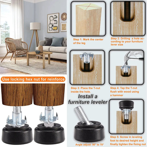 Installation guide for Sixteen Piece Set M6 Thread Adjustable Furniture Levelers with Swivel Screw In Threads.
