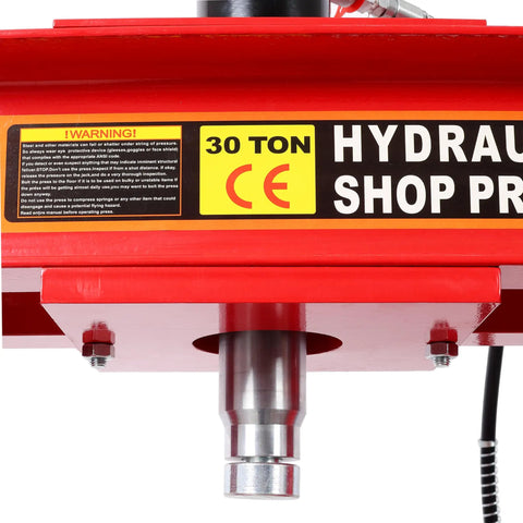 Badass 30 Ton Hydraulic Shop Press H Frame Garage Floor Air Powered Press showing label and hydraulic port detail.