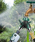 Garden hose splitter 2-way with dual green lever valves, black body and metal outlets; Amazon Lawn & Patio.