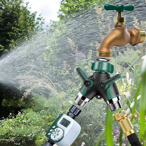Garden hose splitter 2-way with dual green lever valves, black body and metal outlets; Amazon Lawn & Patio.