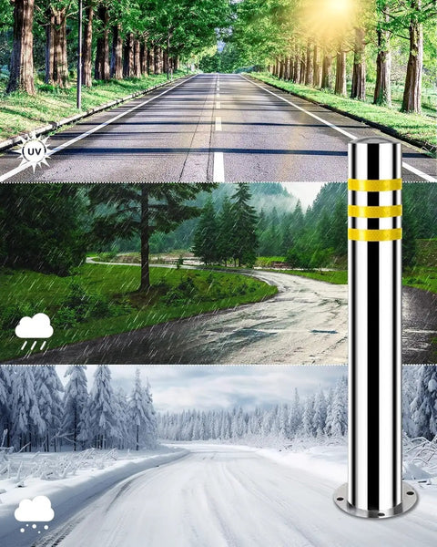 Heavy Duty Stainless Steel Safety Bollard 2 Pack with reflective tape in varying weather conditions, showing durability and function.