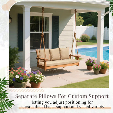 Four Pack Porch Swing Cushions With Pillows For 3 Seater Patio Benches, Waterproof Outdoor Cushions on a porch swing.