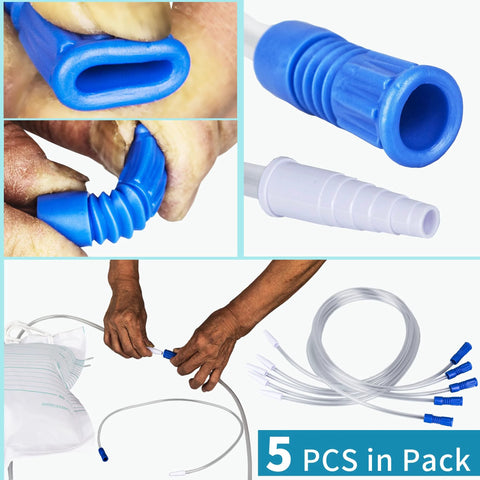 VWJ 5-piece urinary drainage bag extension tubing set, 36-inch blue flexible tubing with white adapters.