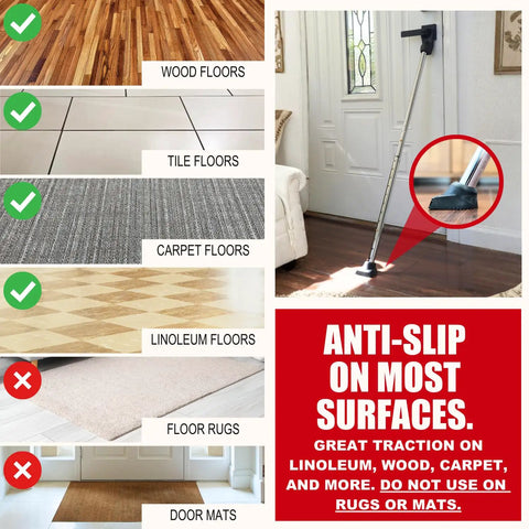 3 In 1 Door Security Bar For Home, Apartment, And Travel on various floor types, showing anti-slip pad usage and warnings for rugs and mats.
