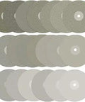 Image of the Pro Grade 19 Piece Diamond Flat Lap Wheel Disc Set for 8 Inch Grinders with various grit discs arranged in rows.