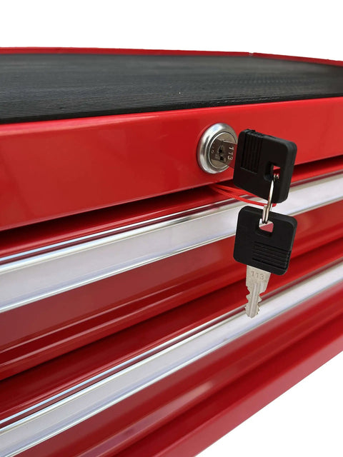 Close-up of Industrial Two Drawer Portable On The Go Metal Tool Chest Cabinet 26 Inch Wide Middle Box with lock and key