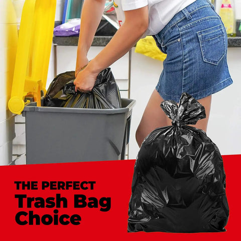 Person using Beefy 55 Gallon Contractor Trash Bags 2 Mil Thick Heavy Duty Drum Liners For Industrial And Commercial Use in kitchen bin.