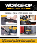 Locking One Seven Eighths Inch Vacuum Hose Seven Feet Long for wet dry shop vacuums shown in various applications