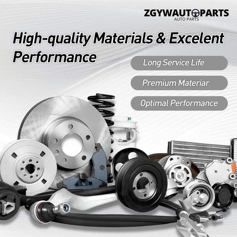 Various automotive parts displayed, featuring brake discs and other components; includes "high-quality materials & excellent performance" text.