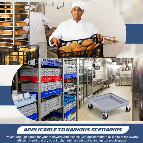 Heavy Duty Dish And Glass Rack Dolly 21x21x3 Inch With Four Wheels 250 Lb Load Capacity Locking Casters in restaurant kitchen