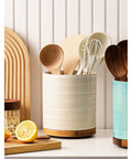 360 Degree Rotating Extra Large Ceramic Utensil Holder for Countertop With Rotatable Wooden Base Deep Capacity Kitchen Utensil Crocks Arctic White Farmhouse Decor