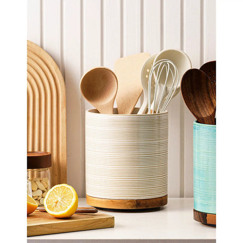360 Degree Rotating Extra Large Ceramic Utensil Holder for Countertop With Rotatable Wooden Base Deep Capacity Kitchen Utensil Crocks Arctic White Farmhouse Decor