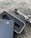 Go To One Quarter Inch Hex End EDC Ratchet Wrench For Multitools With Hex Bit Adapters Stainless Steel Build showing ratchet and case