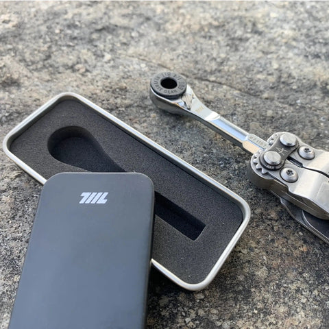 Go To One Quarter Inch Hex End EDC Ratchet Wrench For Multitools With Hex Bit Adapters Stainless Steel Build showing ratchet and case