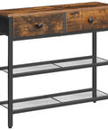 Ultra Slim 29.5 Inch Console Table With 3 Tier Storage, Two Fabric Drawers, Behind Sofa For Space Saving Entryway Or Living Room Setup, Rustic Brown And Black