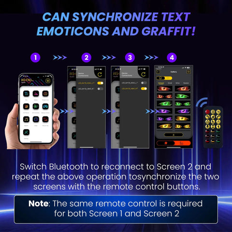 Remote and app interface for 2 Pack Devil Eyes LED Lights For Cars With Remote And Bluetooth App Control, featuring text sync options.