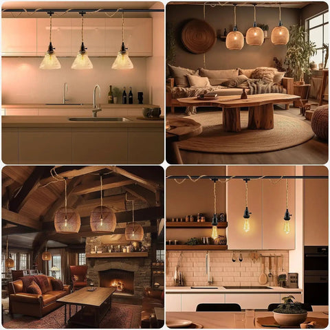 Three Light Hemp Rope Plug In Pendant Light With Woven Rattan Shade And Adjustable Cord Switch For Rustic Farmhouse Decor displayed in kitchen and living room settings.