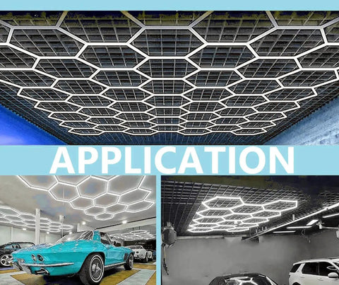Installation view of Hexagon LED Garage Light Kit For Workshop And Gym With Customizable Hexagonal Honeycomb Grid System