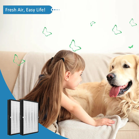 Child with dog on couch, butterflies above, Premium H13 True HEPA Replacement Filter For TaoTronics TT-AP003 Air Purifier shown