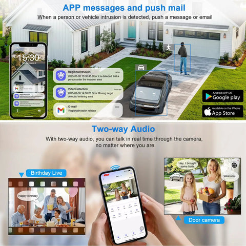 Image showing APP notification and two-way audio feature of 4K PoE Security System With 16 Channel NVR, 16x 8MP Dome Cams, indoor outdoor use.